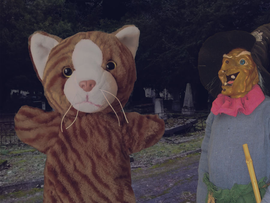 Mimi dans un cimetière avec une sorcière.